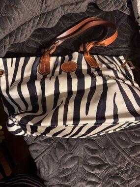 Dooney & Bourke black and White Zebra Stripe Tote with Brown Leather Handles